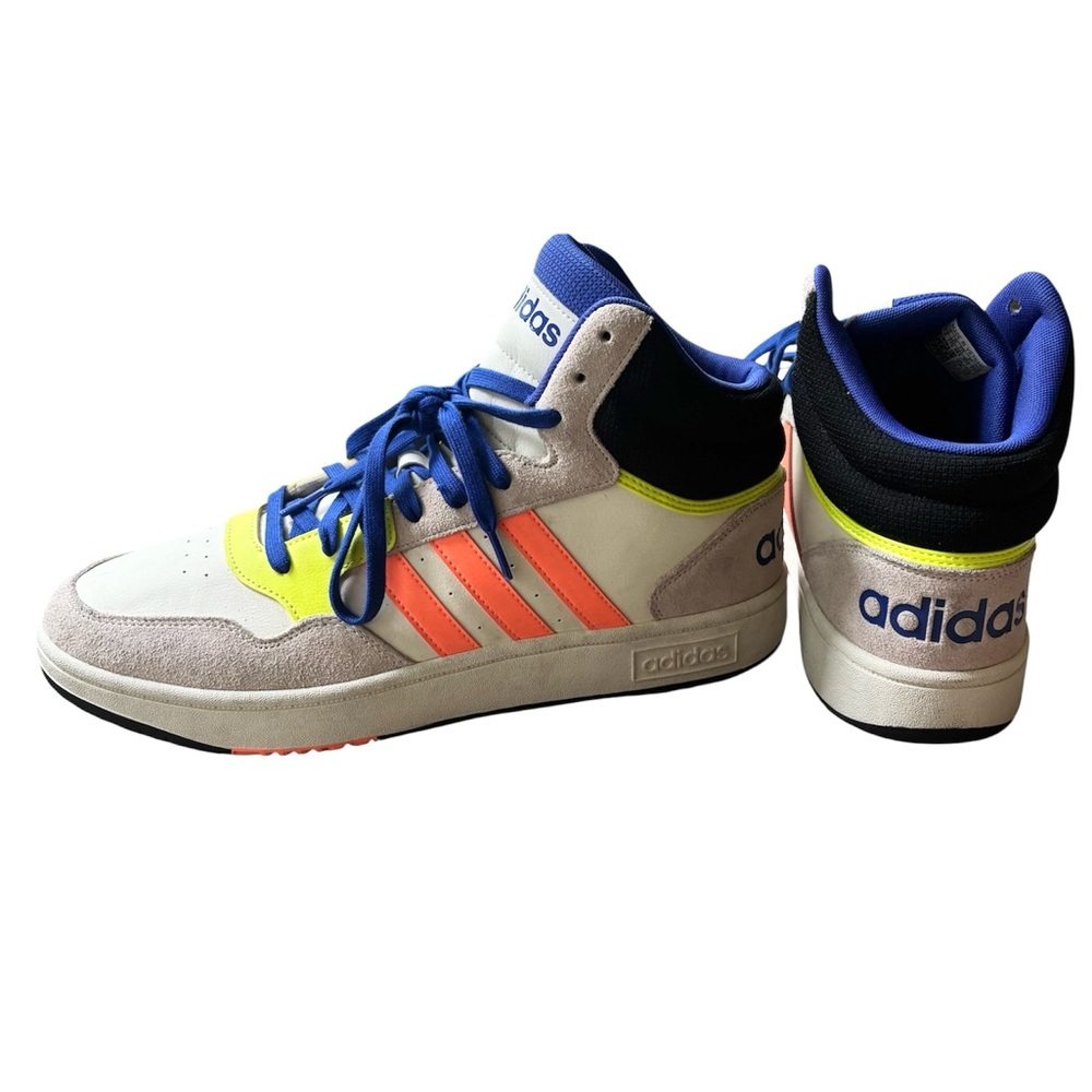 Adidas Men’s Hoops 3 Mid Sneakers in White, Black, Blue, Orange and Yellow
